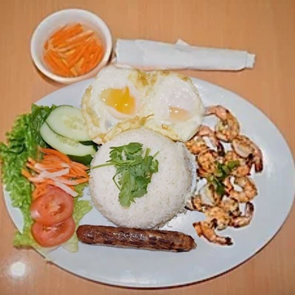 C10. Charbroiled Shrimp, Chinese Sausage, Sunny Side Egg on Steamed Broken Rice